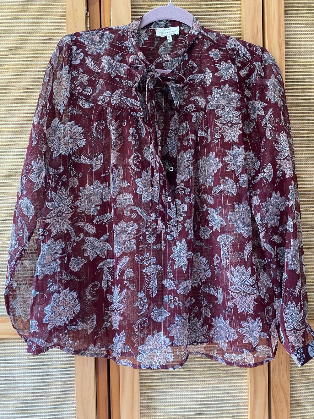 Sheer Burgundy Floral Tie-Neck Blouse